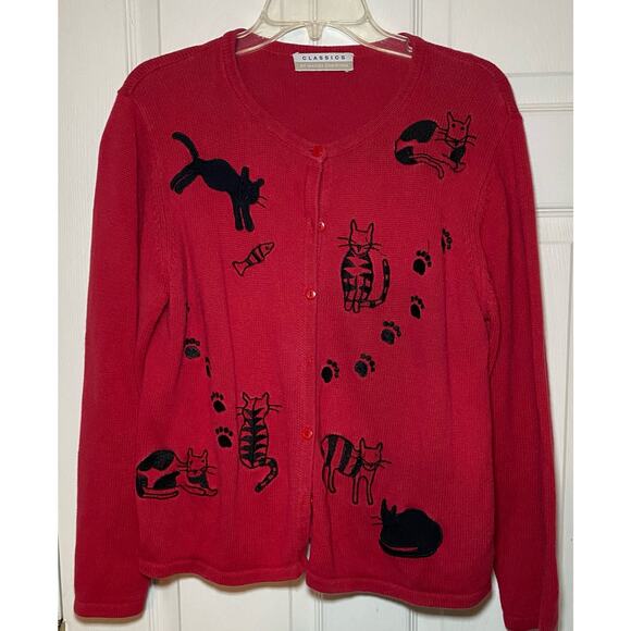 Vintage Marisa Christina Classics sweater. Red with cat and prints. Size large. - Picture 3 of 5